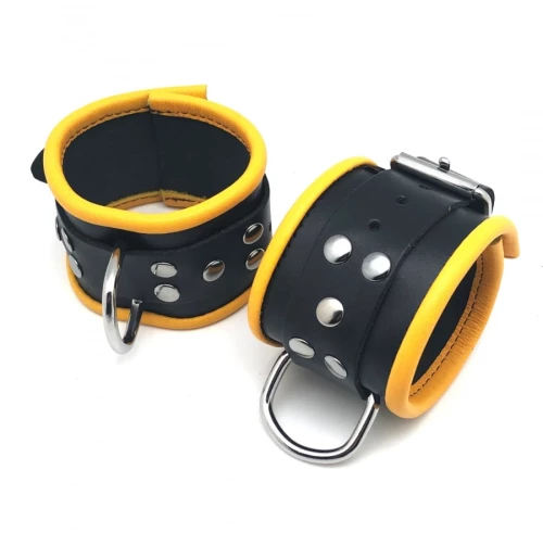 Leather handcuffs - Black/Yellow