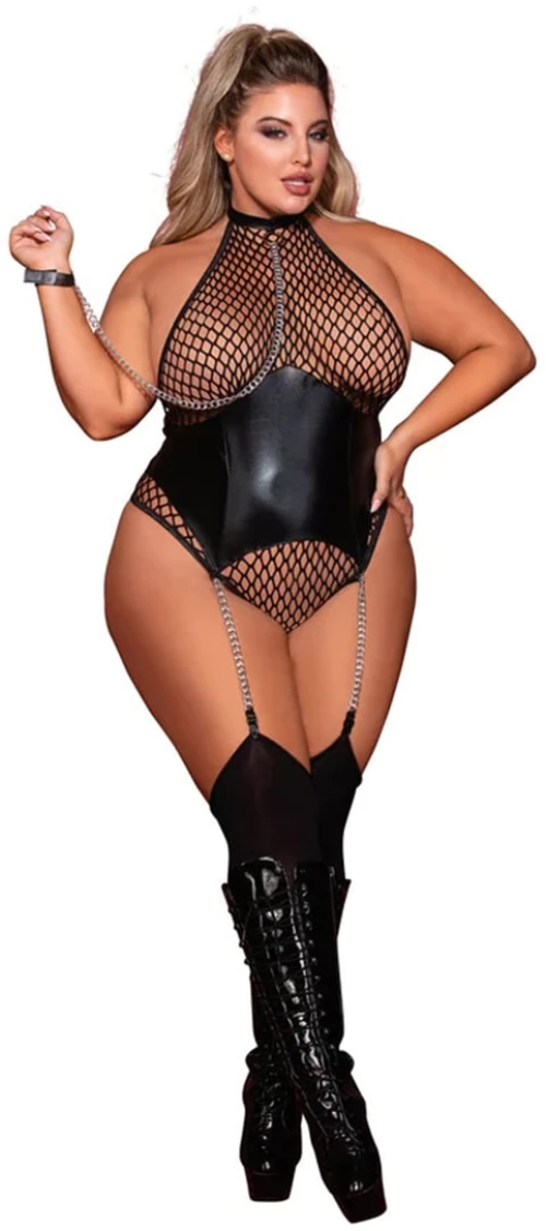 Κορμάκι Fishnet Teddy με Λουρί Αλυσίδας - Μαύρο Q/S
