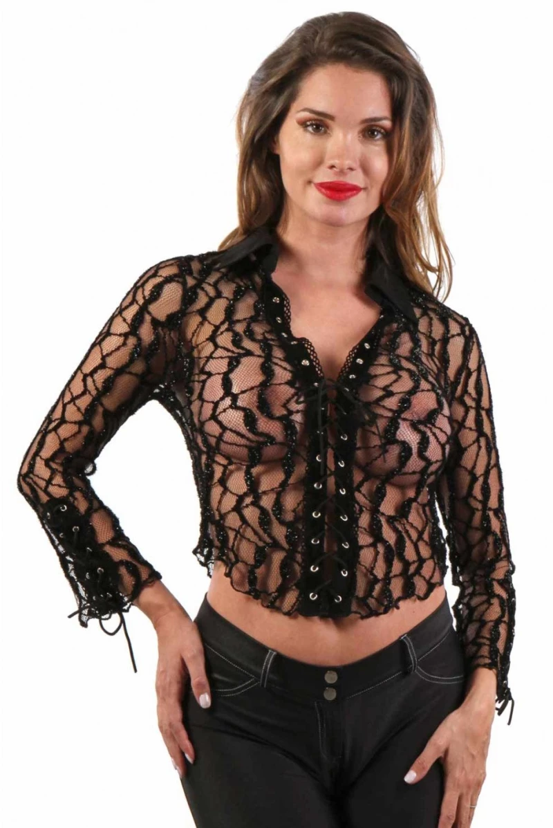 Short lace top shirt collar and long sleeves
