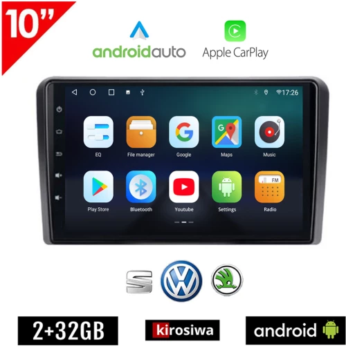 KIROSIWA VW SKODA SEAT Android (2GB) οθόνη αυτοκίνητου 10" GPS WI-FI (Playstore Youtube Golf V 5 6 Polo Passat Octavia Leon Volkswagen MP3 USB Radio ΟΕΜ Bluetooth ηχοσύστημα OEM Android Auto Apple Carplay Mirrorlink)