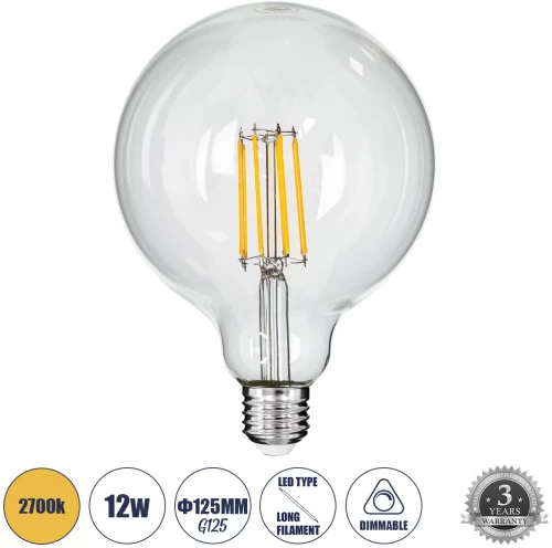 GloboStar® 99014 Λάμπα LED Long Filament E27 G125 Γλόμπος 12W 1200lm 360° AC 220-240V IP20 Φ12.5 x Υ18cm Θερμό Λευκό 2700K με Διάφανο Γυαλί - Dimmable - 3 Years Warranty