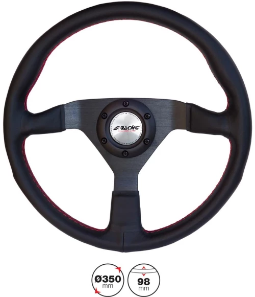 Simoni Racing ΤΙΜΟΝΙ NOB ΔΕΡΜΑΤΙΝΟ ΤΡΙΑΚΤΙΝΟ ΜΑΥΡΟ ΜΕ ΚΟΚΚΙΝΗ ΡΑΦΗ ΔΙΑΜΕΤΡΟΣ 350mm ΠΑΧΟΣ 98mm SIMONI RACING - 1 TEM SRNOB