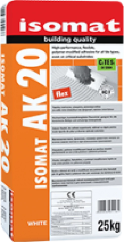 Isomat AK-20 Υψηλής Ποιότητας, Εύκαμπτη, Ρητινούχα, Τσιμεντοειδής Κόλλα Πλακιδίων, Λευκή, 15 Kg