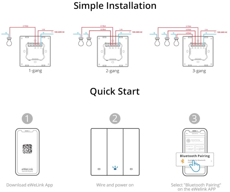 GloboStar® 80089 SONOFF M5-3C-80 SwitchMan Mechanical Smart Switch WiFi & Bluetooth AC 100-240V Max 6A 1320W (2A/Way) 3 Way
