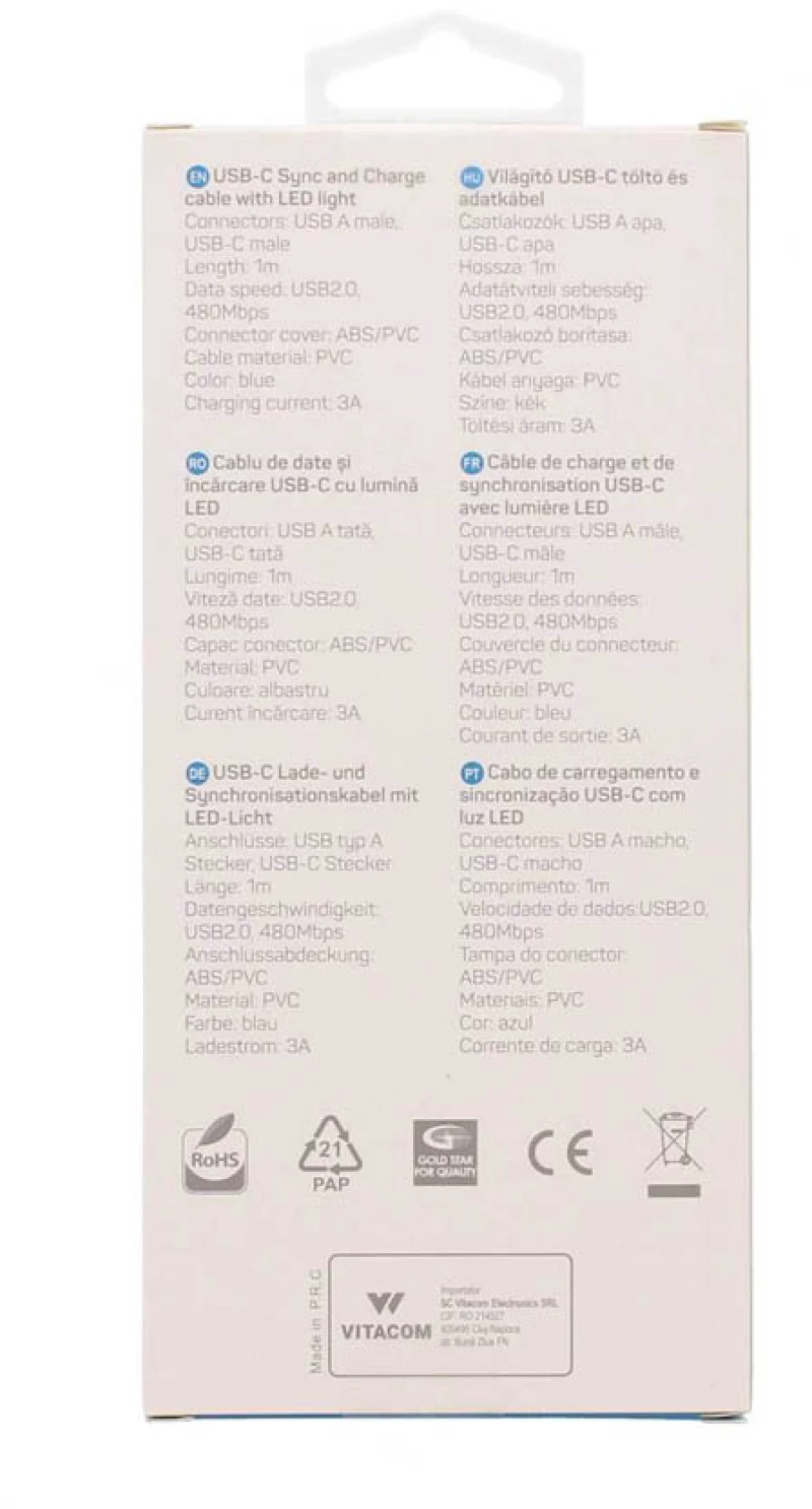 Καλώδιο 3A USB 2.0 σε Type-C Φόρτισης - Data 1m  Μπλε Φωτιζόμενο Well USB/USBC-1BE03-WL
