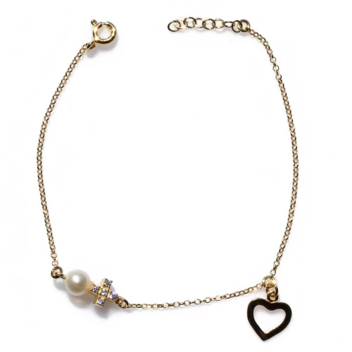 Χειροποίητο ασημένιο βραχιόλι 925ο καρδιά σταυρός σε χρυσή επιμετάλλωση με λευκά μαργαριτάρια και λευκά ζιργκόν IJ-030198B