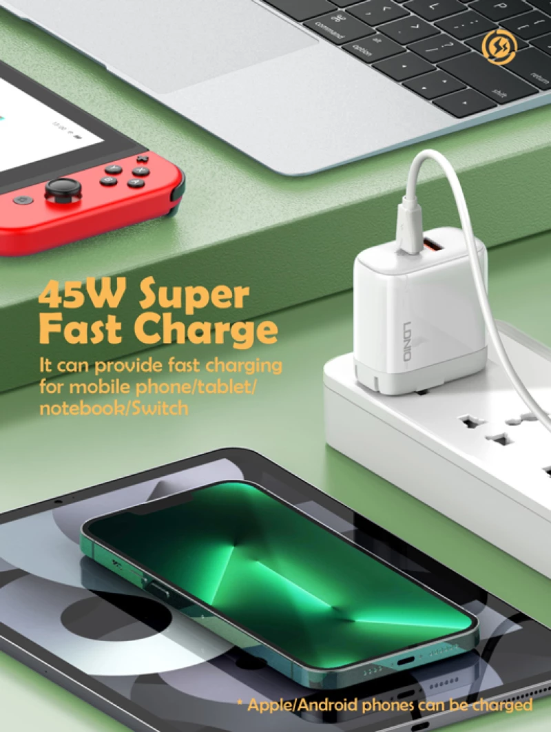 LDNIO φορτιστής τοίχου A2526C με καλώδιο, USB & USB-C, 45W PD, λευκός