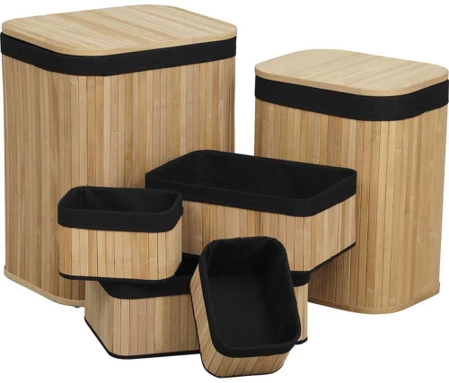 Σετ 6 τεμάχια καλάθια απλύτων bamboo με μαύρο ύφασμα.