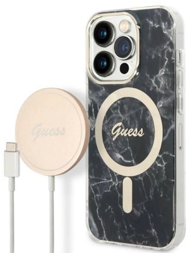 Guess Bundle Pack MagSafe IML Marble - Set of case for iPhone 14 Pro + MagSafe charger (Black/Gold)
