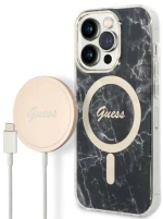 Guess Bundle Pack MagSafe IML Marble - Set of case for iPhone 14 Pro + MagSafe charger (Black/Gold)