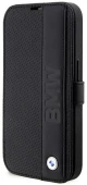 BMW Booktype Leather Textured & Stripe - Case for iPhone 14 Pro Max (Black)