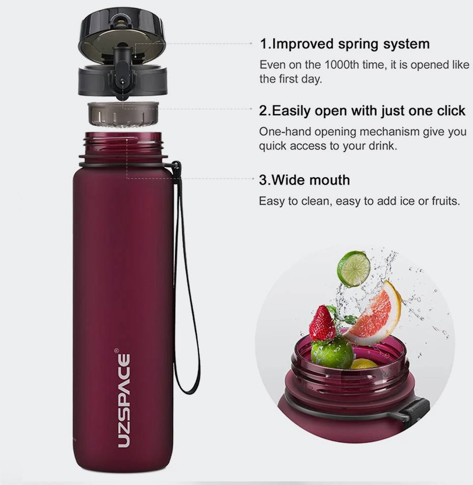UZSPACE Frosted Hydration Measured Leak Proof Water Bottle 1000ml - 3038-PURPLISH-RED