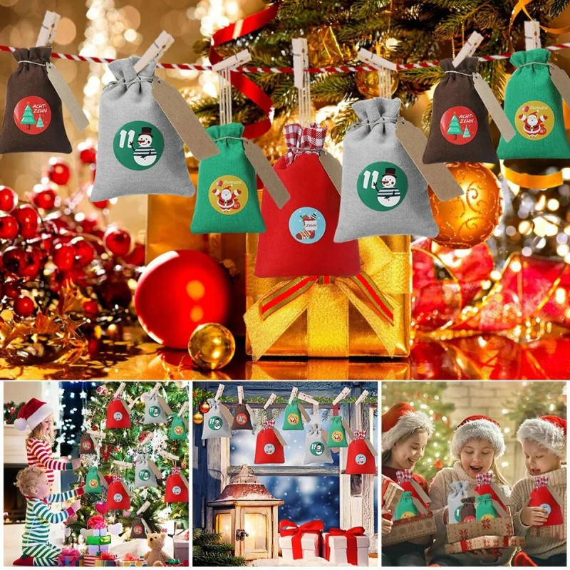 JOYXEON 28PCS Christmas Hanging Advent Calendars Countdown Drawstring Gift Bags Candy Biscuit Pouches Present Gift Wrap - Red and green