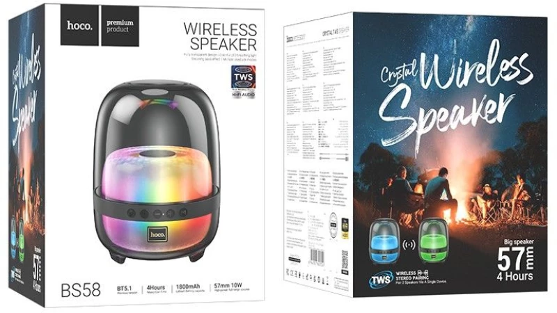 Φορητό Ηχείο Wireless Hoco BS58 Crystal BT 5.1 1800mAh 10W με USB & Micro SD 360° LED Φωτισμό Μαύρο