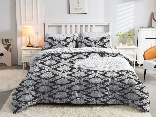 Σετ Σεντόνια Λευκά-Μαύρα Damask Εμπριμέ 100% Βαμβακερά Γαρύφαλλο - 240x260, Με Λάστιχο 180x200+30