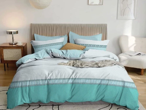 Σετ Σεντόνια Τυρκουάζ Λευκό Καρό Εμπριμέ 100% Βαμβακερά Γαρύφαλλο - 240x260, Χωρίς Λάστιχο