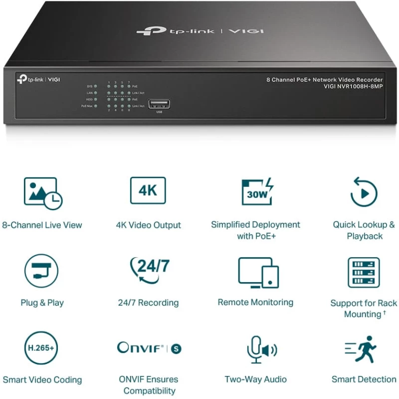 TP-LINK VIGI NVR1008H-8MP Καταγραφικό 8 καναλιών με 8 θύρες PoE+