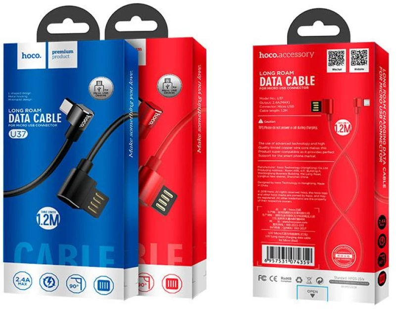 HOCO U37 Καλώδιο MicroUSB 1.2m με γωνιακά βύσματα, κόκκινο
