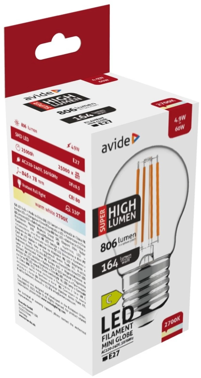 Avide LED Filament Σφαιρική 4.9W E27 Θερμό 2700K Super Υψηλής Φωτεινότητας