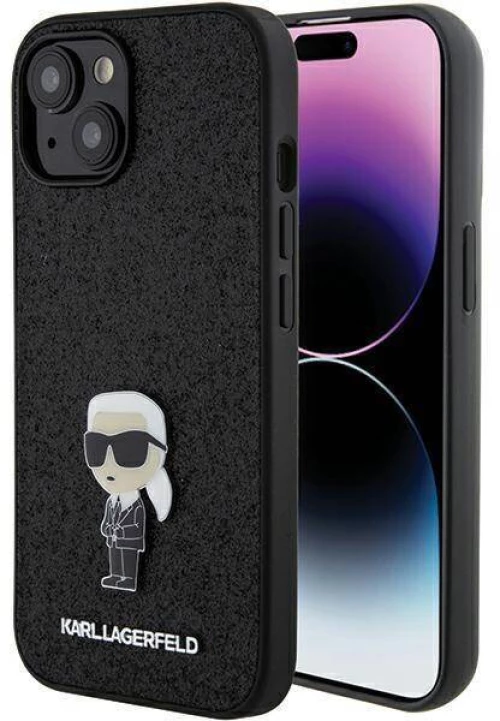 Original Case APPLE IPHONE 15 Karl Lagerfeld Hardcase Fixed Glitter Ikonik Logo Metal Pin (KLHCP15SGKNPSK) black