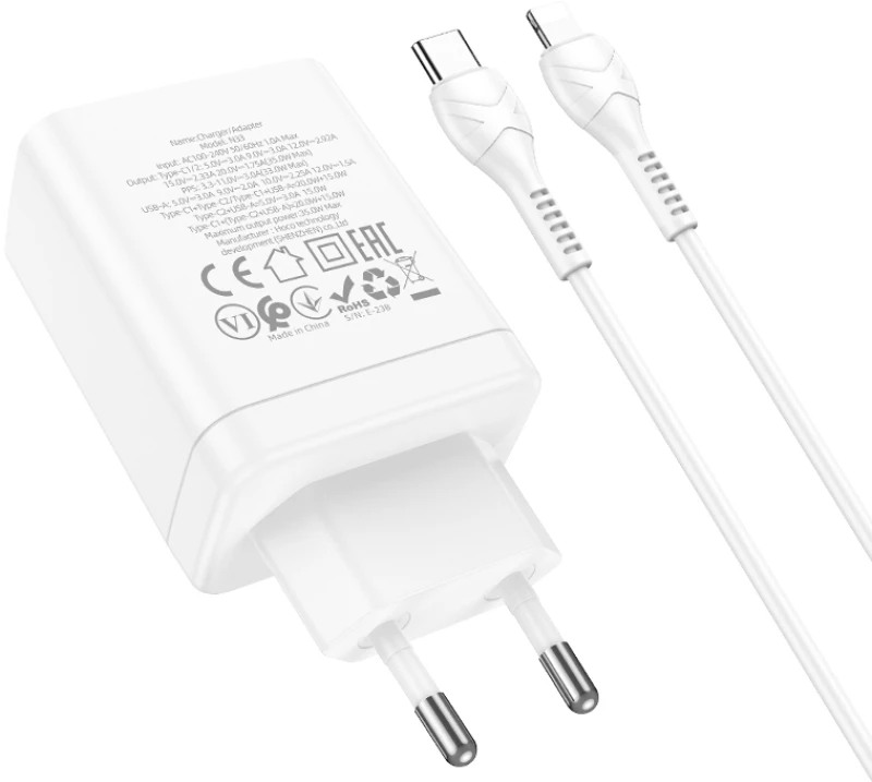HOCO N33 Start PD35W Dual USB-C + USB-A Charger with USB-C to Lightning 1m Cable