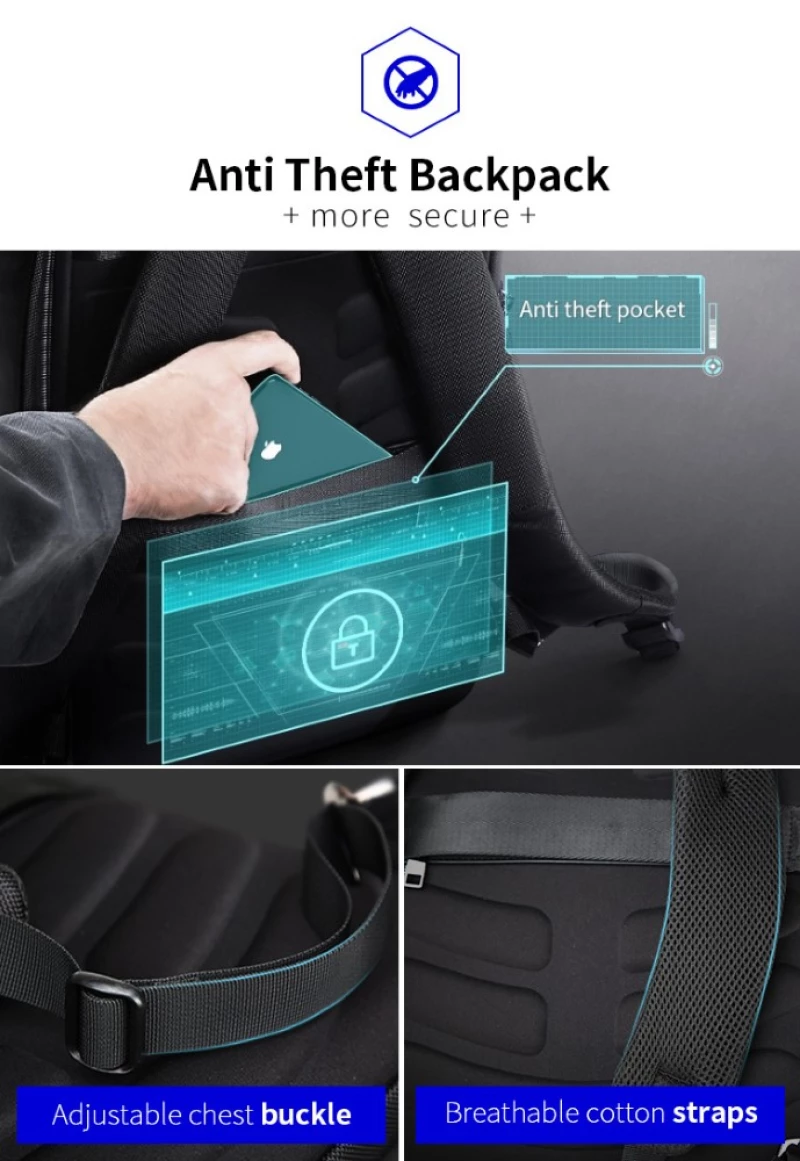 Σακίδιο πλάτης Αντικλεπτικό 24L Laptop 15,6” Bopai 61-07311 μαύρο