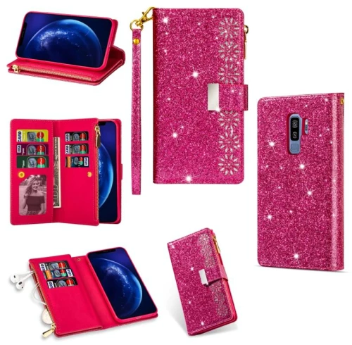 For Samsung Galaxy S9+ Multi-card Slots Starry Sky Laser Carving Glitter Zipper Horizontal Flip Leather Case with Holder & Wallet & Lanyard(Rose Red) (OEM)