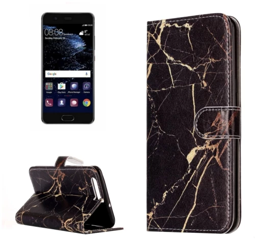 For Huawei  P10 Black Gold Marble Pattern Horizontal Flip Leather Protective Case with Holder & Card Slots & Wallet (OEM)