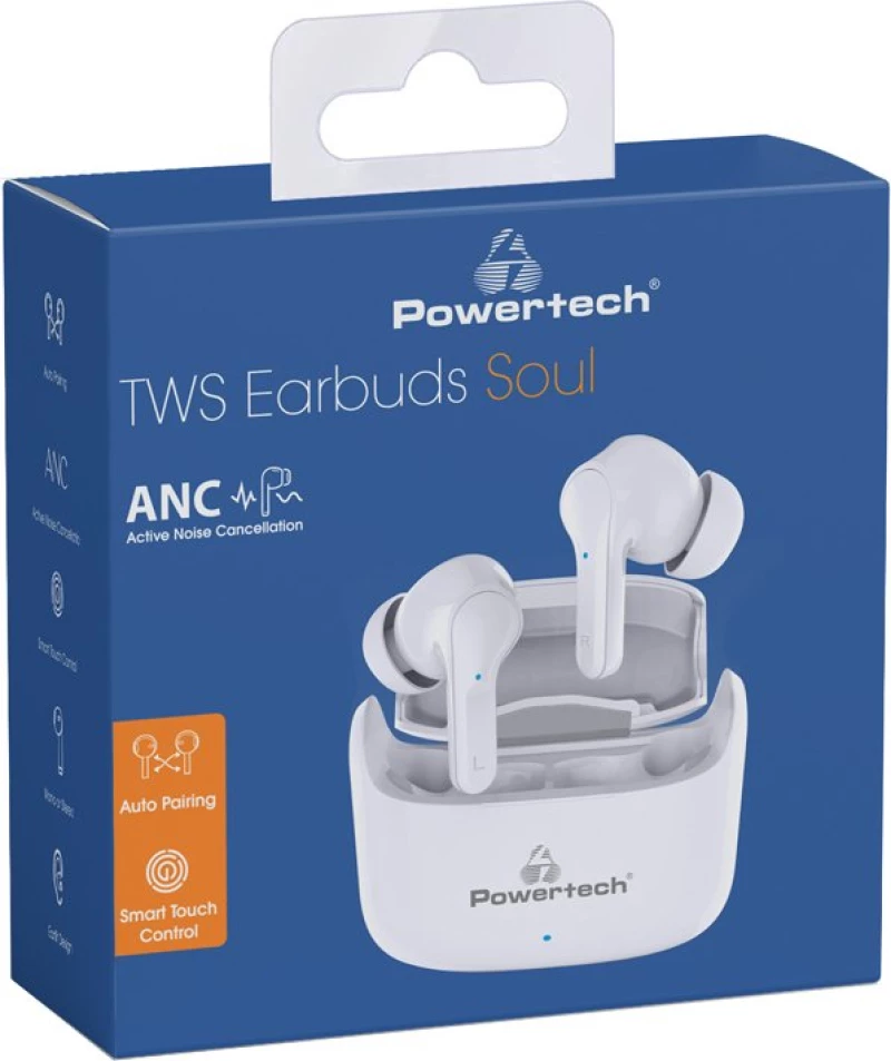 POWERTECH earphones με θήκη φόρτισης Soul, TWS, ANC, 45/400mAh, λευκά