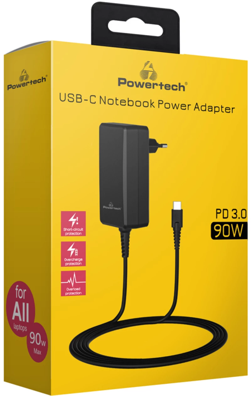 POWERTECH τροφοδοτικό laptop PT-1157, USB-C PD, universal, 90W, μαύρο