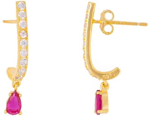 Σκουλαρίκια επιχρυσωμένο ασήμι 925, μισός κρίκος, φούξια σταγόνα και λευκά ζιργκόν, της Excite Fashion Jewellery. S-46-3-G-85
