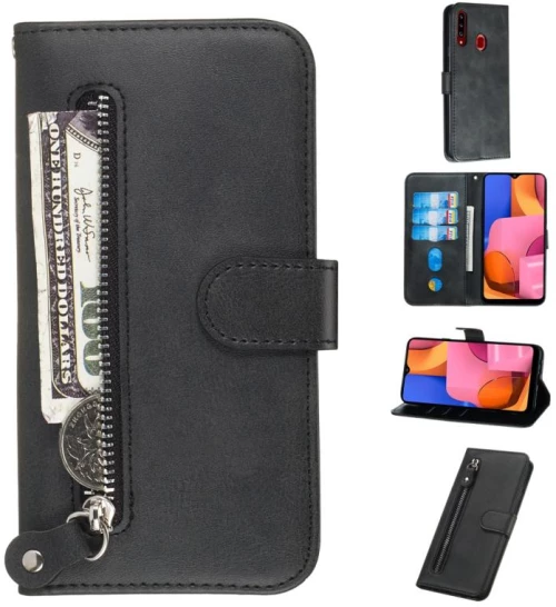 For Galaxy A20s Fashion Calf Texture Zipper Horizontal Flip PU Leather Case, with Holder & Card Slots & Wallet(Black) (OEM)