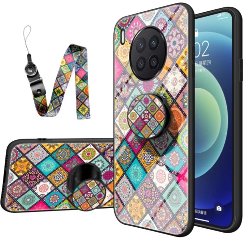 For Huawei Nova 8i Painted Ethnic Pattern Tempered Glass TPU Shockproof Case with Folding Magnetic Holder & Neck Strap(Checkered) (OEM)