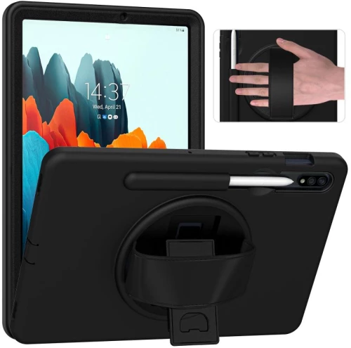 360 Degree Rotation PC + TPU Protective Case with Holder & Hand-strap & Pen Slot For Samsung Galaxy Tab S8 / Galaxy Tab S7 11 inch T870/T875(Black) (OEM)