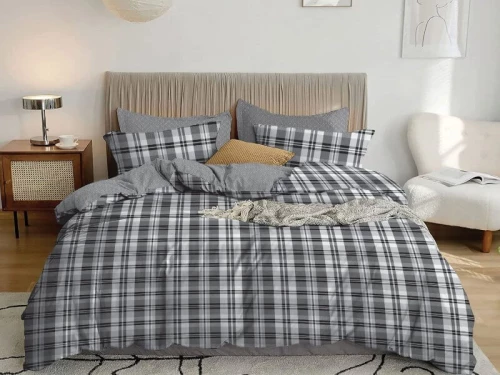 Σετ Σεντόνια Γκρι Καρό Εμπριμέ 100% Βαμβακερά Γαρύφαλλο - 160x260, Χωρίς Λάστιχο