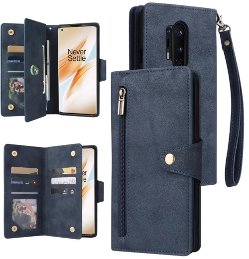 For OnePlus 8 Pro Rivet Buckle 9 Cards Three Fold Leather Phone Case(Blue) (OEM)