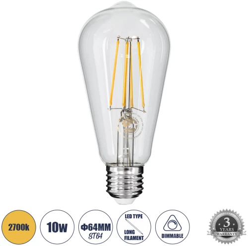 GloboStar® 99017 Λάμπα LED Long Filament E27 ST64 Αχλάδι 10W 1000lm 360° AC 220-240V IP20 Φ6.4 x Υ14cm Θερμό Λευκό 2700K με Διάφανο Γυαλί - Dimmable - 3 Years Warranty