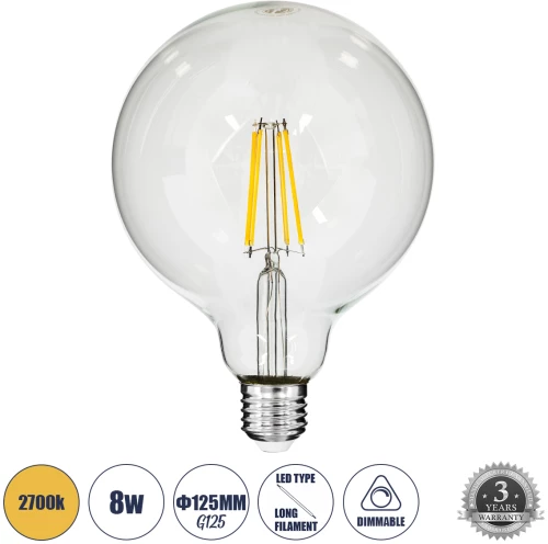 GloboStar® 99013 Λάμπα LED Long Filament E27 G125 Γλόμπος 8W 800lm 360° AC 220-240V IP20 Φ12.5 x Υ18cm Θερμό Λευκό 2700K με Διάφανο Γυαλί - Dimmable - 3 Years Warranty