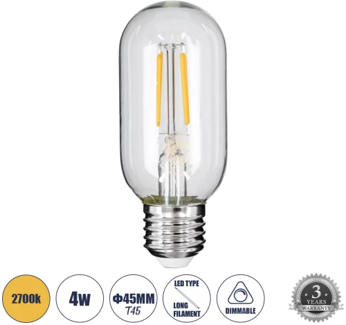 GloboStar® 99018 Λάμπα LED Long Filament E27 T45 Σωλήνας 4W 400lm 360° AC 220-240V IP20 Φ4.5 x Υ11cm Θερμό Λευκό 2700K με Διάφανο Γυαλί - Dimmable - 3 Years Warranty