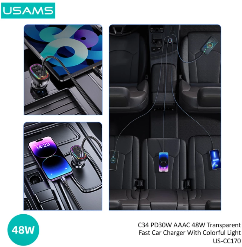 USAMS φορτιστής αυτοκινήτου US-CC170  3x USB & 1x USB-C  48W  PD  μαύρος