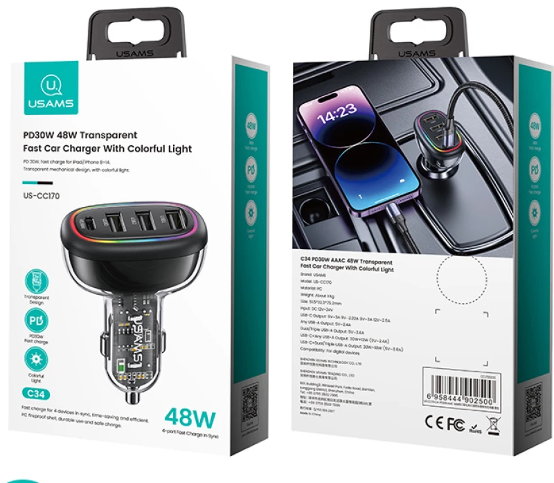 USAMS φορτιστής αυτοκινήτου US-CC170  3x USB & 1x USB-C  48W  PD  μαύρος
