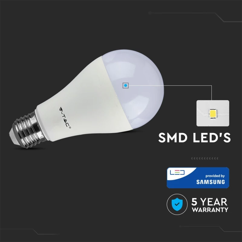 V-TAC Λάμπα LED E27 A65 Samsung Chip SMD 15W Θερμό λευκό 3000K