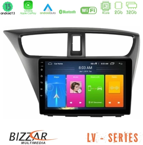 Bizzar lv Series Honda Civic Hatchback 2012-2015 4core Android 13 2+32gb Navigation Multimedia Tablet 9 u-lv-Hd0941