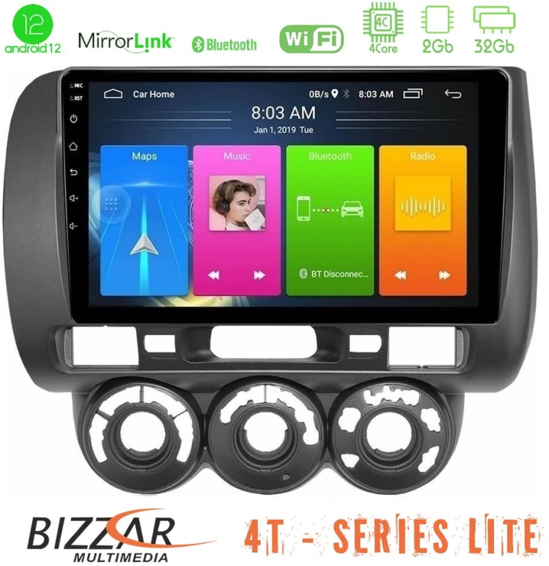 Bizzar 4t Series Honda Jazz 2002-2008 (Manual A/c) 4core Android12 2+32gb Navigation Multimedia Tablet 9 u-lvb-Hd100n