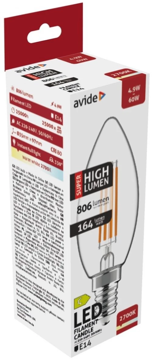 Avide Led Filament Κερί 4.9W E14 Θερμό 2700K Super Υψηλής Φωτεινότητας