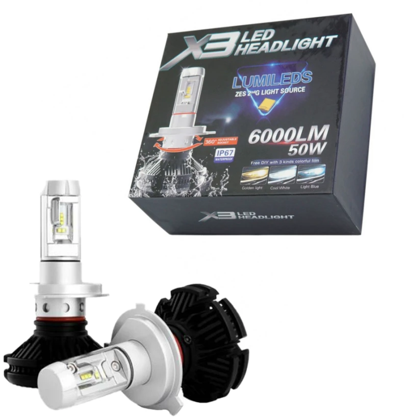 LED Headlight x3 6000 Lumens 50w H4 Zes 2τμχ
