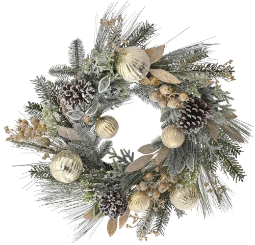 Frosted στεφάνι με χρυσά berries+μπάλες 55cm Iliadis 81606