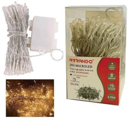 200 Χριστουγεννιάτικα Λαμπάκια LED Κίτρινα 20μ Μπαταρίας σε Σειρά με Διαφανές Καλώδιο