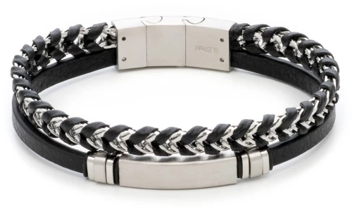 Βραχιόλι Ανδρικό με Μαύρο Δέρμα και Ατσάλι 316L σε Ασημί Χρώμα / Μήκος 21 cm / Φάρδος 12,40 mm / VISETTI / 31C-BR098SB