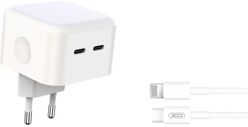 XO L102 PD35W Dual USB-C Fast Charger με καλώδιο USB-C σε Lightning 1m, λευκός